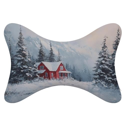 Jubonexis Red House in The Snow - Juego de 2 almohadas de cuello de coche, almohadas de viaje para el cuello, reposacabezas de automóvil, almohada de hueso para asiento de coche