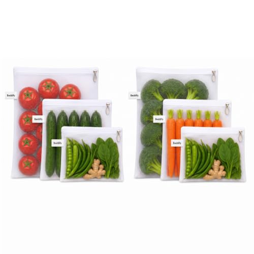 Beddify Set of 6 Reusable Fridge Storage Bags for Vegetables and Fruits with Zipper Dual Layer Mesh Net Multipurpose Multi-Size Kitchen Storage Bags O