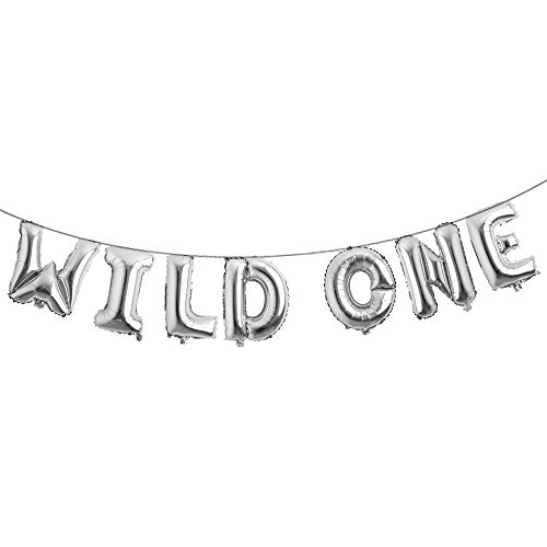 16 INCH WILD ONE Kids First Birthday Balloons, Wild One Birthday Decoration Kit Foil Letters Balloon Banner Baby Girl Boy 1st Bday Party Supplies 1st Birthday Decorations (WILD ONE Silver)