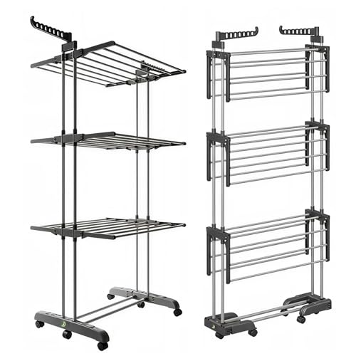 Tendedero Vertical Plegable de 4 Niveles – Base Plegable, 6 Bandejas Ajustables, Ruedas 360°, 2 Soportes y 10 Perchas – Acero al Carbón Inoxidable, 50 kg – Gris – CAMBURVERDON®