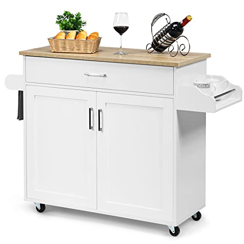Giantex Wooden Rolling Kitchen Island, Storage Cart Trolley w/Adjustable Shelf, Spice Storage Sgelf, Towel Rack & Drawer, Utility Buffet Cabinet w/Beech Top for Kitchen Dinning Room Canteen, White