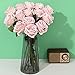 Cloudecor 15Pcs Pink Roses Artificial Flowers Fake Roses Long Stem Velet Rose Silk Flowers for Home Wedding Decoration (Round Roses,Light Pink)