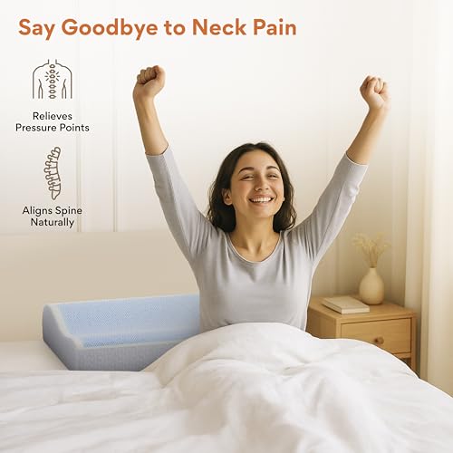 Image of FOVERA Cool Gel & Memory Foam Cervical Pillow for Neck Pain | Orthopedic Neck Support Pillow for Sleeping, Neck & Shoulder Pain (Universal - 21 x 13 x 4 Inch, Grey, Pack of 1)