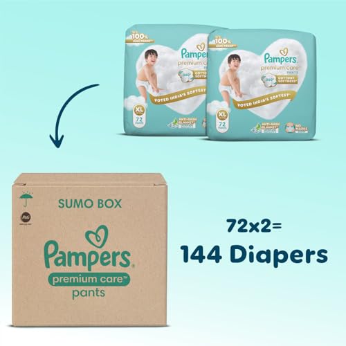Image of Pampers Premium Care Diaper | Pant Style Baby Diapers Extra Large Size, 144 Count | 360 Cotton Softness Diaper |Anti Rash Diaper with Aloe Vera and 100% Leak Proof Protection | (72 Count, Pack of 2)