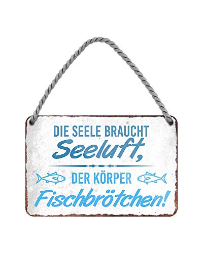 Seeluft und Fischbrötchen - Metallschild mit Kordel und Saugnapf - lustiges Spruch Blechschild für Ostsee Nordsee Fans - Dekoration für Küche Lokal Fisch Imbiss - witzige Geschenkidee - 18x12cm