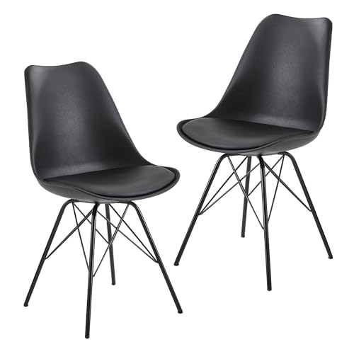 FineBuy Esszimmerstuhl 2er Set Schwarz Küchenstuhl Kunststoff Skandinavisches Design | Schalenstuhl mit Kunstleder-Bezug | Polsterstuhl Stuhl Gepolstert