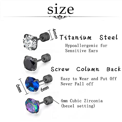 Hopply 4 Pairs Titanium Screw Back Surgical Stainless Steel Stud Earrings For Women Men,Rainbow 5A Cubic Zirconia Studs Double Side Earrings Piercing Sleeper Studs Jewelry 6Mm #TOP1