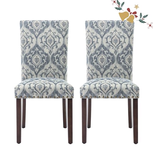Image of Parsons Dining Chairs Set of 2, Upholstered Nailhead Dining Room Kitchen Side Chair with Thick Cushions and Wood Legs, White /Blue