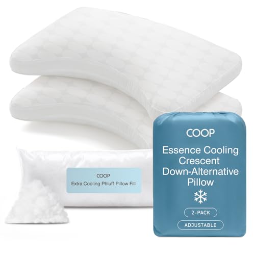 Image of Coop Home Goods Essence Cooling Crescent Down Alternative Pillow Set of 2, Queen Size Adjustable Cooling Pillow for Back & Side Sleepers, Cool-Touch Luxury Hotel Pillow, Oeko-TEX Certified