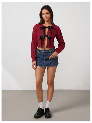 Image of MakeMeChic Women's Bow Knot Cardigan Sweater Cable Knit Tie Front Crop Tops