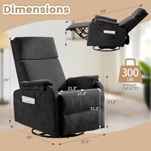 Image of Korser Swivel Rocking Recliner with Massage, Small Glider Chair for Nursery, Modern-Designed Armrests Chair for Adults Living Room, Chenille, Black