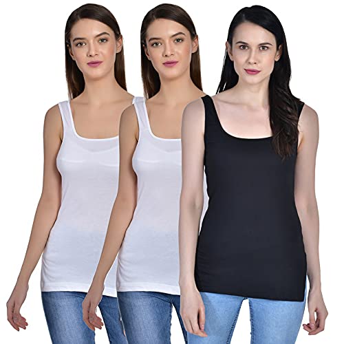 Image of Women's Regular Fit Sleeveless Cotton Long Camisole Slip Spaghetti Combo Pack of 3
