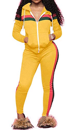TOP-MAX Women 2 Pieces Tracksuit Ladies Zipper Playsuits Sportswear Strip Hooded Zip up