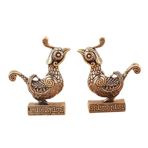 Brass Miniature Phoenix Bird Figurine Pair, Gold, Mythical Sunbird Sculpture, Feng Shui Lucky Charm, Desktop Decor, 1.46 x 1.73 Inch