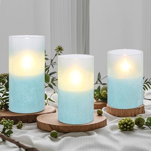 Image of MELTONE Sandblasted Lake Blue Flameless Candles with Remote & Timer, Real Wax Glass Ocean LED Candles, Home Holiday Farmhouse Christmas Summer Nautical Decor, Set of 3