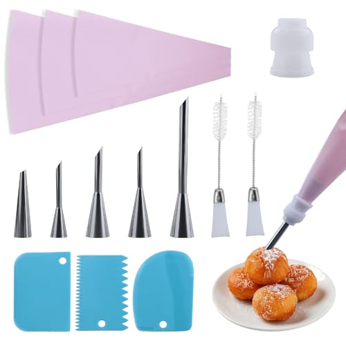 Piping Bags and Nozzles Set, for Cake, Pastries,14 Pcs Cake Piping Kit with 3 Reusable Piping Bags Icing Bag,5 Stainless Steel Cake Piping Nozzles Tips Kits,1Coupler, 3 Plastic Scrapers and 2 Brushes