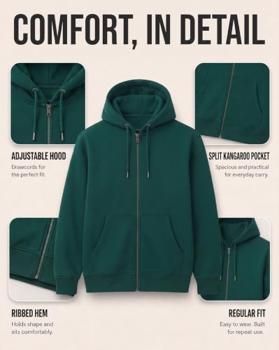 Image of Nobero Classic Zipper Hoodie for Men | Zip Up Hoodies for Men | Regular Fit | Full Zip Closure | Drawstring Hood | Zipped Hooded Sweatshirt | Cotton Rich Zipper Fleece Hoodie