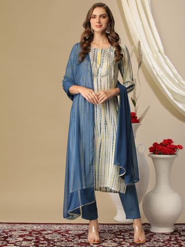 Image of GoSriKi Women's Rayon Blend Straight Printed Kurta with Pant & Dupatta