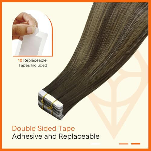 Image of Full Shine Insert Virgin Tape in Hair Extensions Color Balayage Medium Brown to Blonde and Brown 14 Inch Intact Human Hair Invisible Tape in Extensions 10Pcs 25Grams Quick Install for Office Look