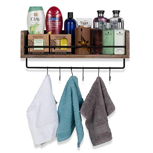 Rustic State William Wall Mount Floating Shelf with Rail and Hooks | Farmhouse Design 20 Inch Torched Distressed Wood Vintage (Distressed Walnut) - Thumbnail 6