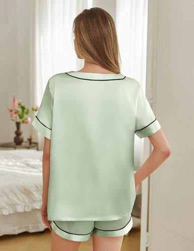 Image of Silk Pajamas for Women Short Sleeve Satin 2 Piece Pj Set Soft V Neck Sleepwear Loungewear, S-XXL