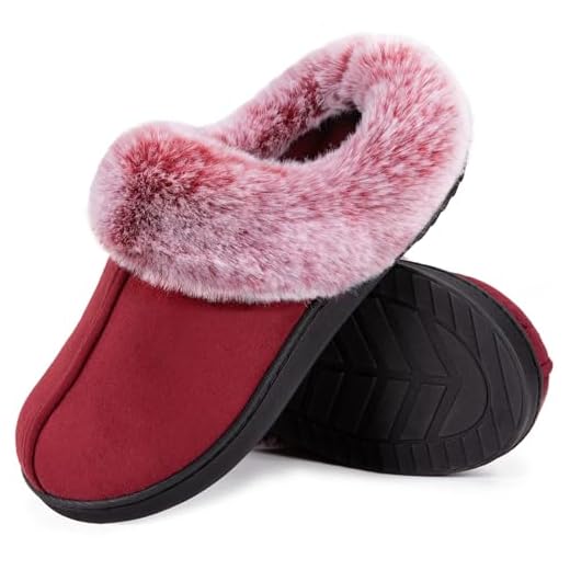 Women's Classic Microsuede Memory Foam Slippers Durable Rubber Sole with Warm Faux Fur Collar (11-12 M, Burgundy)