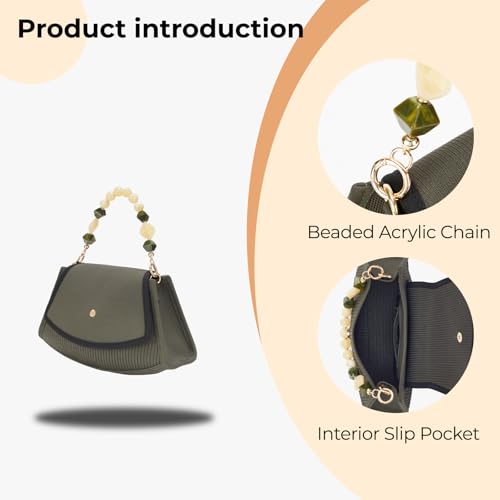 Army Green Canvas Crossbody Bag - Pearl & Jade Beaded Handles with Blue Orange Wave Strap, Women's Handbag Golden Rivets Vintage Trendy Shoulder Purse ﻿4