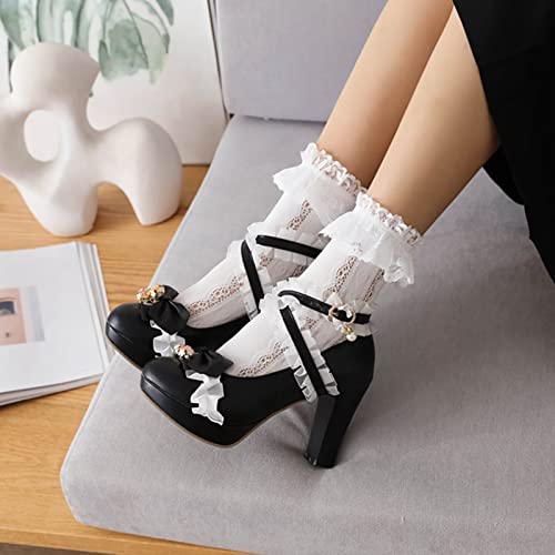 Image of FOREADA Lolita Shoes Platform Mary Jane Heels Kawaii Bow Lace Pearl Pumps | Vintage kawaii lolita styling ideal for dresses, with bead, lace, bow, ankle strap, pink, white and classic black colors