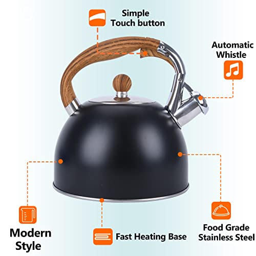 Foedo Tea Kettle, 102 Oz / 3 Liter Tea Pots For Stove Top With Wood Pattern Handle, Food Grade Stainless Steel Whistling Tea Kettle Stovetop-Black #TOP2