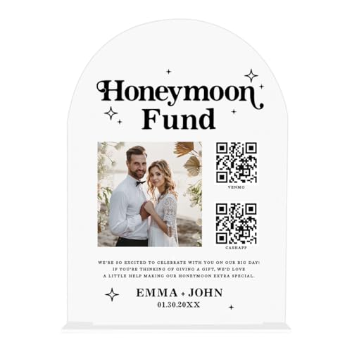 Andaz Press Custom Honeymoon Fund QR Code Sign with Stand, Personalized White Acrylic Wedding Fund Box Alternative for Cash, Honey Moon Fund Box Sign with QR Code and Photo for Wedding, 7x5 Inch