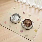 SARTNP Napfunterlage Hund, Gummirücken Napfunterlage Katzen, Wasserabsorbierend Hundenapf Kleine Hunde,rutschfeste Unterlage Hundenapf Futtermatte (Beige-Star Paws, 30 x 50 cm)