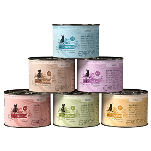 catz finefood Feinkost Katzenfutter nass Multipack 1, Sorten Mix-Paket 1 mit Geflügel, Kalb, Hering, Wild, Lachs, Lamm, Kaninchen, 6 x 200 g Dosen