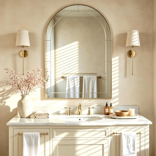 Image of MOON MIRROR Arched Mirror for Bathroom, Bathroom Mirrors for Over Sink, 20x30 inch Brushed Gold Non-Rusting Vanity Mirror in Brass Stainless Steel Metal Frame
