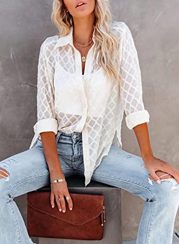Farysays Womens Summer Sheer Long Sleeve Blouses Button Down Shirts Lightweight Thin See Through Tops For Teen Girls Unlined White Small #TOP4