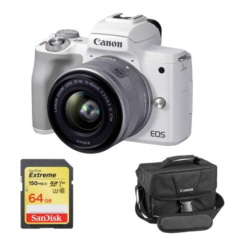 Canon EOS M50 Mark II Mirrorless Digital Camera with 15-45mm Lens (White), 64GB Extreme SD Memory Card and Canon Camera Bag