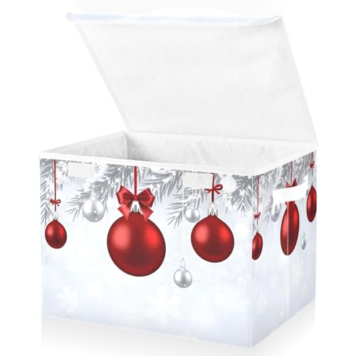 senya Christmas Baskets Collapsible Storage Bins with Lids, New Year Fir Branches Red Christmas Balls Storage Boxes Clothes Baskets for Organizing
