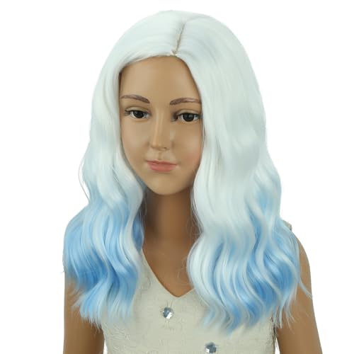 Image of PATTNIUM Girls White Ombre Blue Short Curly Wavy Wigs Side Part Shoulder Length Heat Resistant Synthetic Wig Halloween Cosplay Costume Party Wigs