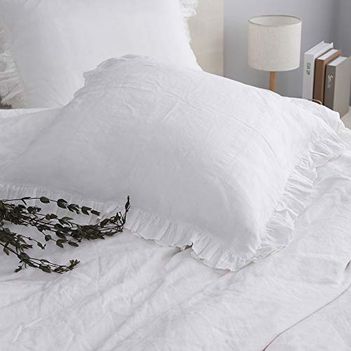 Simple&Opulence 100% Linen Stone Washed Euro Sham with Ruffle 26x26 Inch Pillow Cover Set of 2, Home Decoration Pillow, Soft and Breathable, White