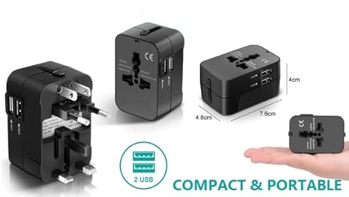 Universal Travel Adapter with Dual USB Ports – Worldwide All-in-One International Power Adapter with Surge Protector for USA, UK, EU, AUS – Compact Travel Adapter
