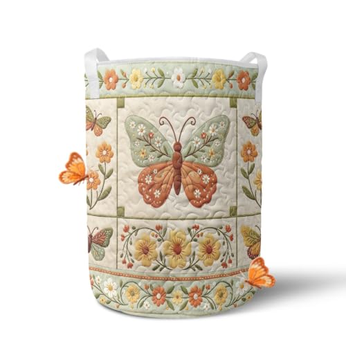 YDTOADDIT Butterfly Quilted Laundry Basket with Handle, Boho Storage Hamper