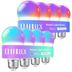 OHLUX Smart Light Bulbs 8Pack, WiFi & Bluetooth, RGB Color Changing, 100W Equivalent, Dimmable, A19 E26 110V, Compatible with Alexa, Google Assistant, Music Synic