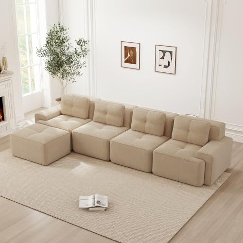 Bladez Sofá modular de 4 plazas de pana en forma de L sofá cama con otomano, sin montaje, sofá de compresión sin desnudos, combinable, sofá de salón para salón (beige, 4 plazas+1)