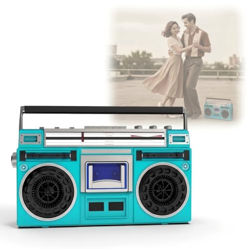 Boombox retro de los años 80 verde con radio AM FM y reproductor de cassette para casa