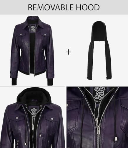 Image of Womens Leather Jacket with Detachable Hood - Real Lambskin Bomber Jacket Thumbholes Women