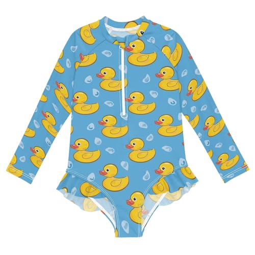 Yellow Duck on Blue Background Girls Long Sleeve Swimsuit Rash Guard One Piece Bathing Suits Zipper 3-12T