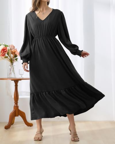 Women's Black Puff Long Sleeve Empire Waist Flowy Maxi Dress with Pockets - image 2