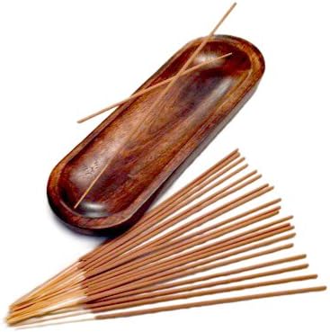 Large Incense Burner & Incense Sticks Gift Set - Hand Made, Solid Wood, Trough Holder Catches All The Ashes, 20 Incense Sticks