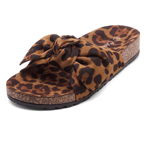 Shoe Land Sl-Nylah Women's Knot Bow Slide Sandals Cork Footbed Slip On Slides Casual Platform Slippers 2020Leopard 11.0 #TOP16