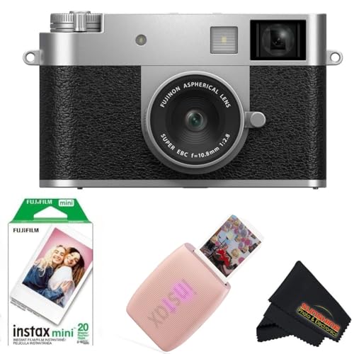 Image of FUJIFILM X Half Digital Camera with Fujifilm Instax Mini Link 3 Smartphone Printer and Sunshine Microfiber Cleaning Cloth... (Silver, Rose Pink Printer + 20 Sheets)