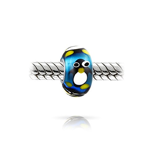 Christmas Holiday Cartoon Animal Blue Penguin Charm Bead Fits European Charm Bracelet For Women For Teen Murano Glass .925 Sterling Silver Core Spacer #TOP1